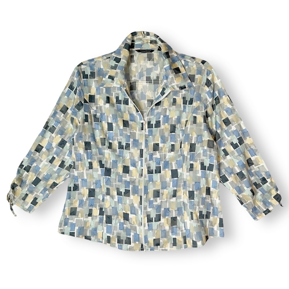 Samuel Dong Full Zip Semi Sheer Jacket Sz XL Geometric Artsy Topper